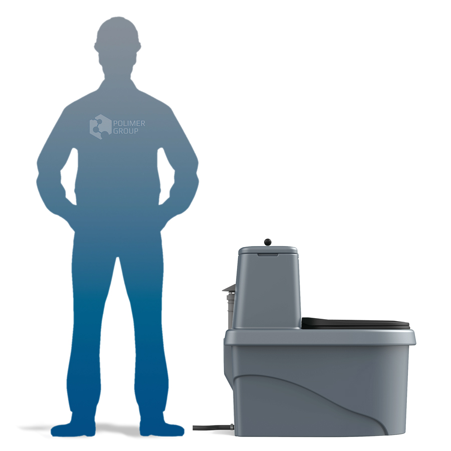 Торфяной биотуалет РОСА серого цвета рядом с человеком