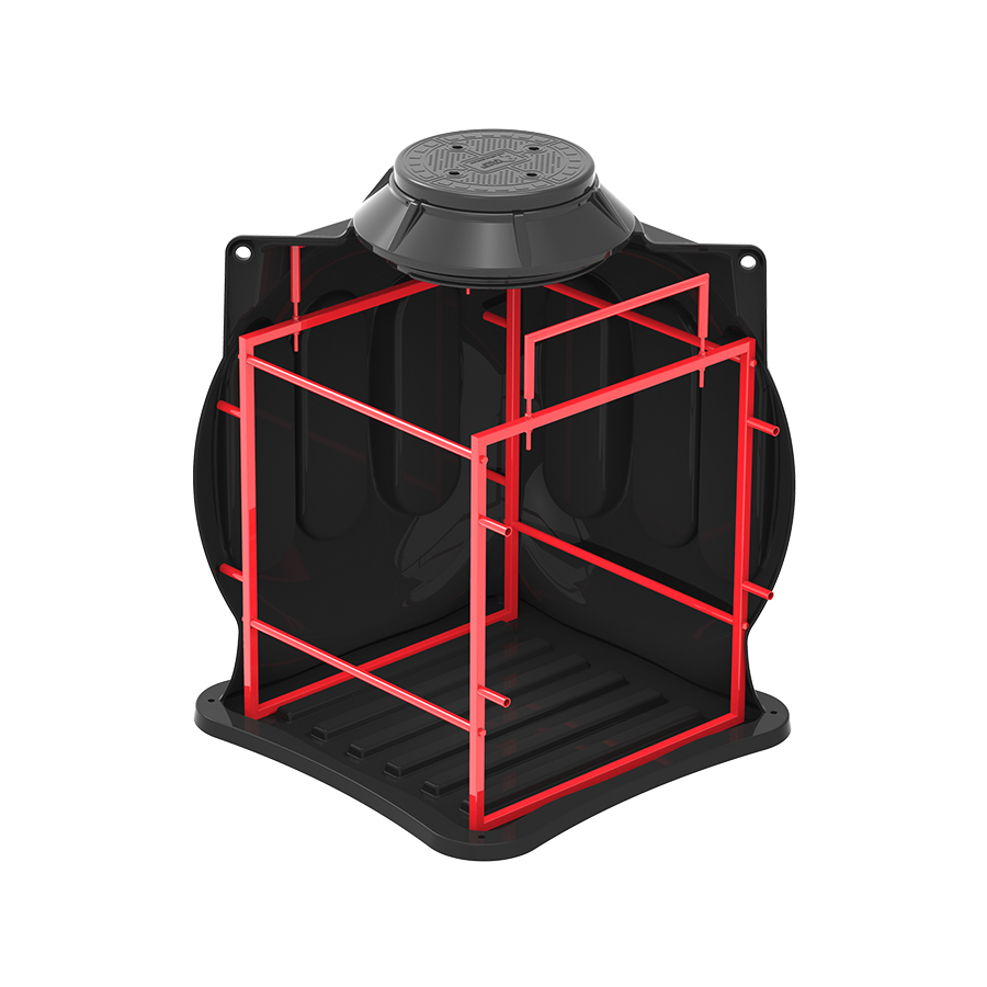 Колодец КС-5М с каркасом, переходной муфтой и крышкой D560 фото с красным каркасом