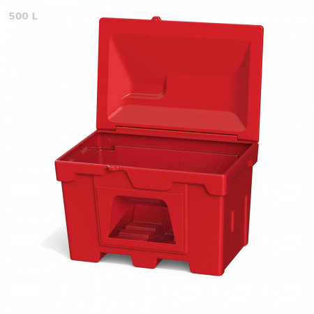 Ящик для песка 500 литров с дозатором вид спереди открыто